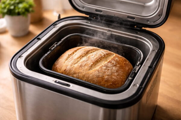 Frisches Brot im Brotbackautomaten – Vergleich Brotbackautomat oder Backofen Brotbackautomat oder Backofen: frisch gebackenes Brot im geöffneten Brotbackautomaten