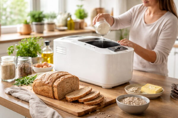 Frisches Brot einfach mit dem Brotbackautomaten backen Frisches Brot aus dem Brotbackautomaten in einer Küche