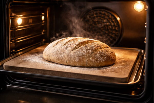 Brot im Backofen beim Backen – Vergleich Brotbackautomat oder Backofen Brotbackautomat oder Backofen: Brot backt im vorgeheizten Backofen auf einem Backstein